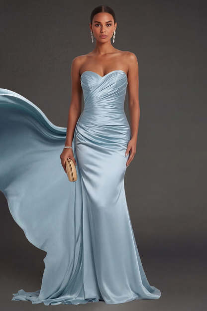 Leely Women Satin Blue Sweetheart Mermaid Ruched Long Formal Dress with Cape Backless Sleeveless Evening Dress