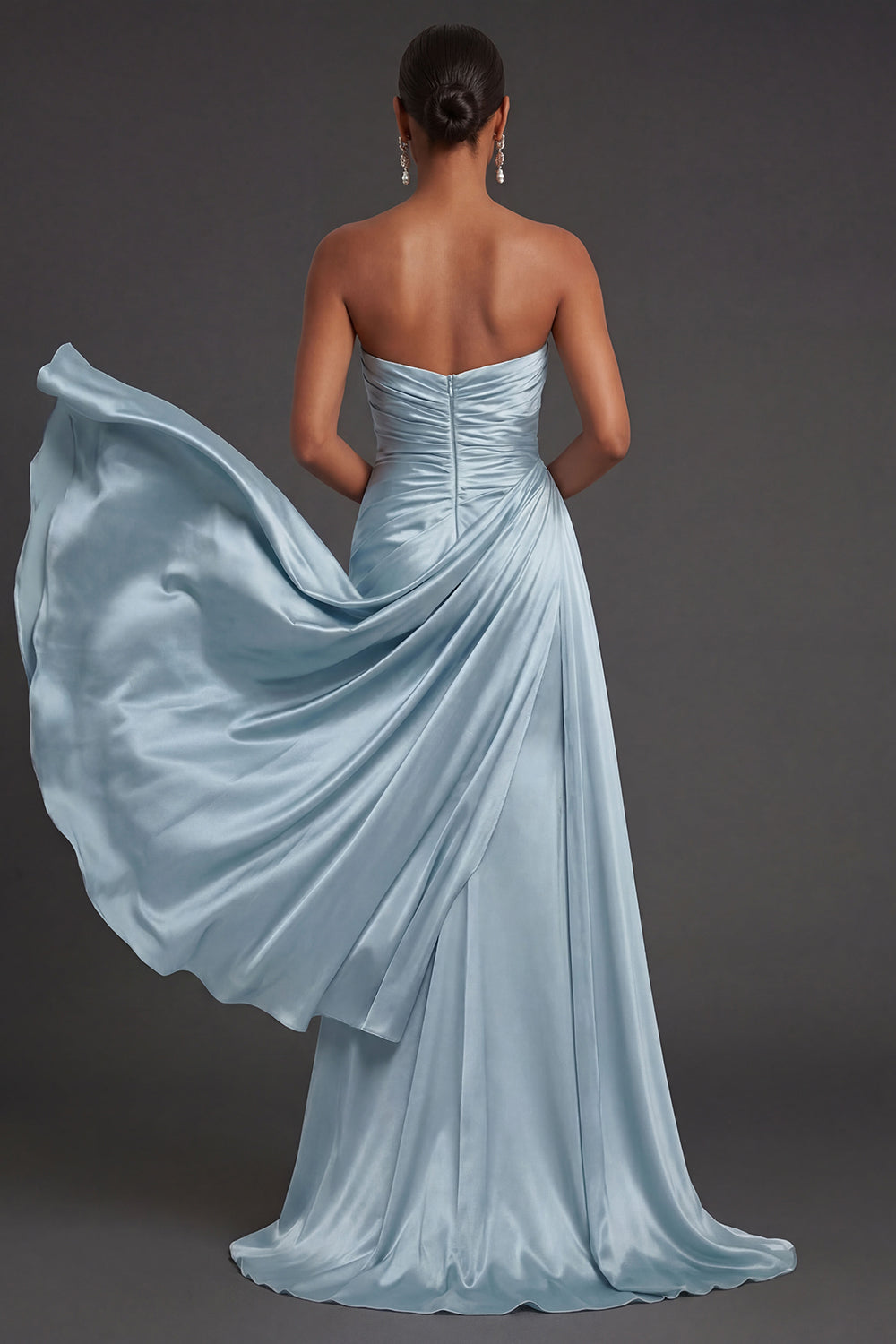 Satin Blue Sweetheart Mermaid Ruched Long Formal Dress with Cape