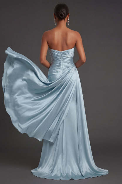 Satin Blue Sweetheart Mermaid Ruched Long Formal Dress with Cape