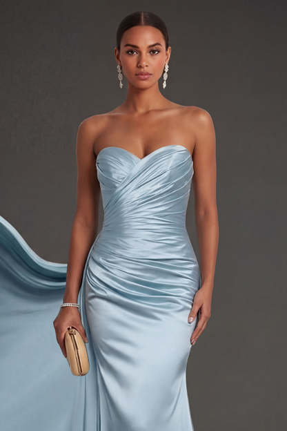 Satin Blue Sweetheart Mermaid Ruched Long Formal Dress with Cape