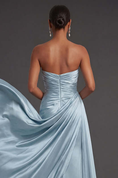 Satin Blue Sweetheart Mermaid Ruched Long Formal Dress with Cape