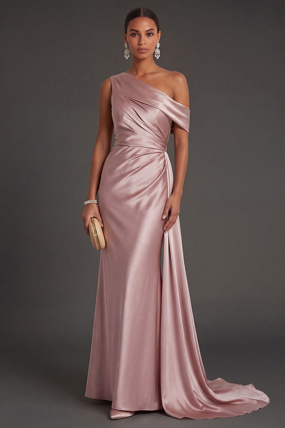 Blush Strain Mermaid One Shoulder Ruched Long Formal Dress with Cape