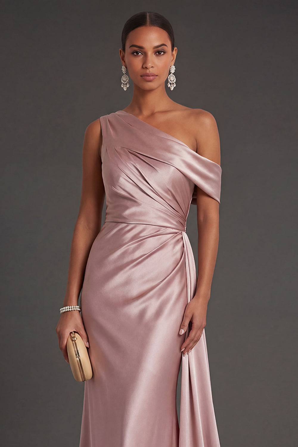 Blush Strain Mermaid One Shoulder Ruched Long Formal Dress with Cape