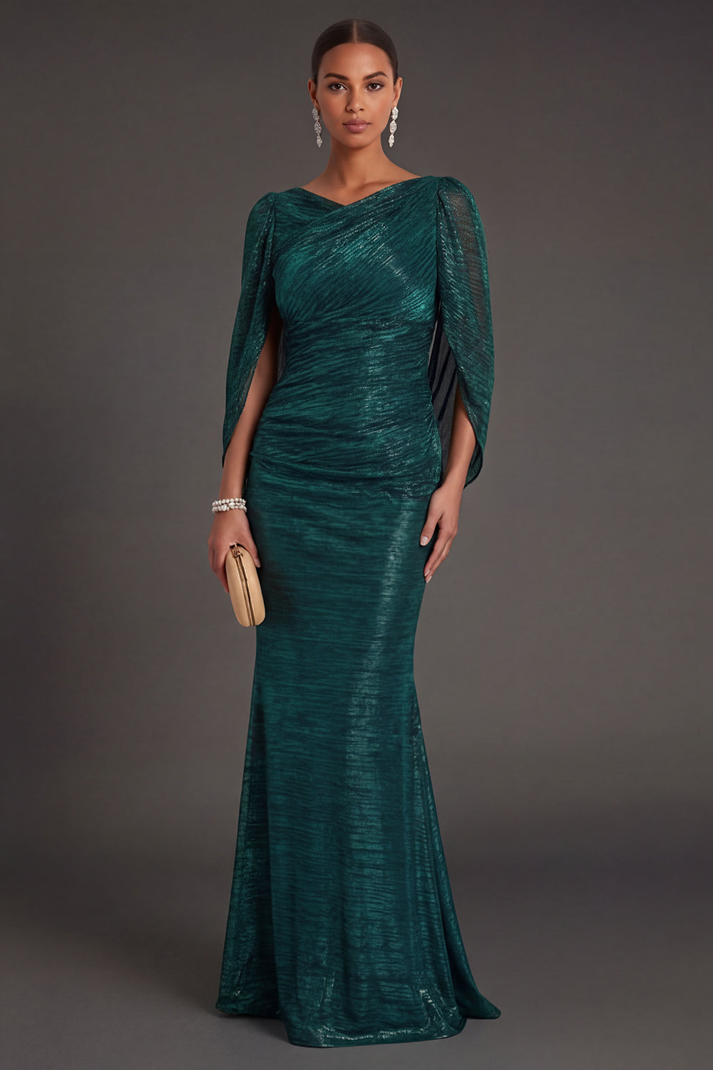Dark Green Metallic Mermaid V Neck Long Formal Dress with Cape