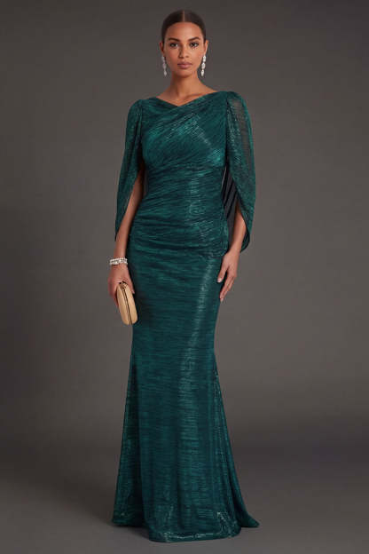 Leely Women Dark Green Mermaid Long Formal Dress with Cape V Neck Metallic Wedding Guest Dress