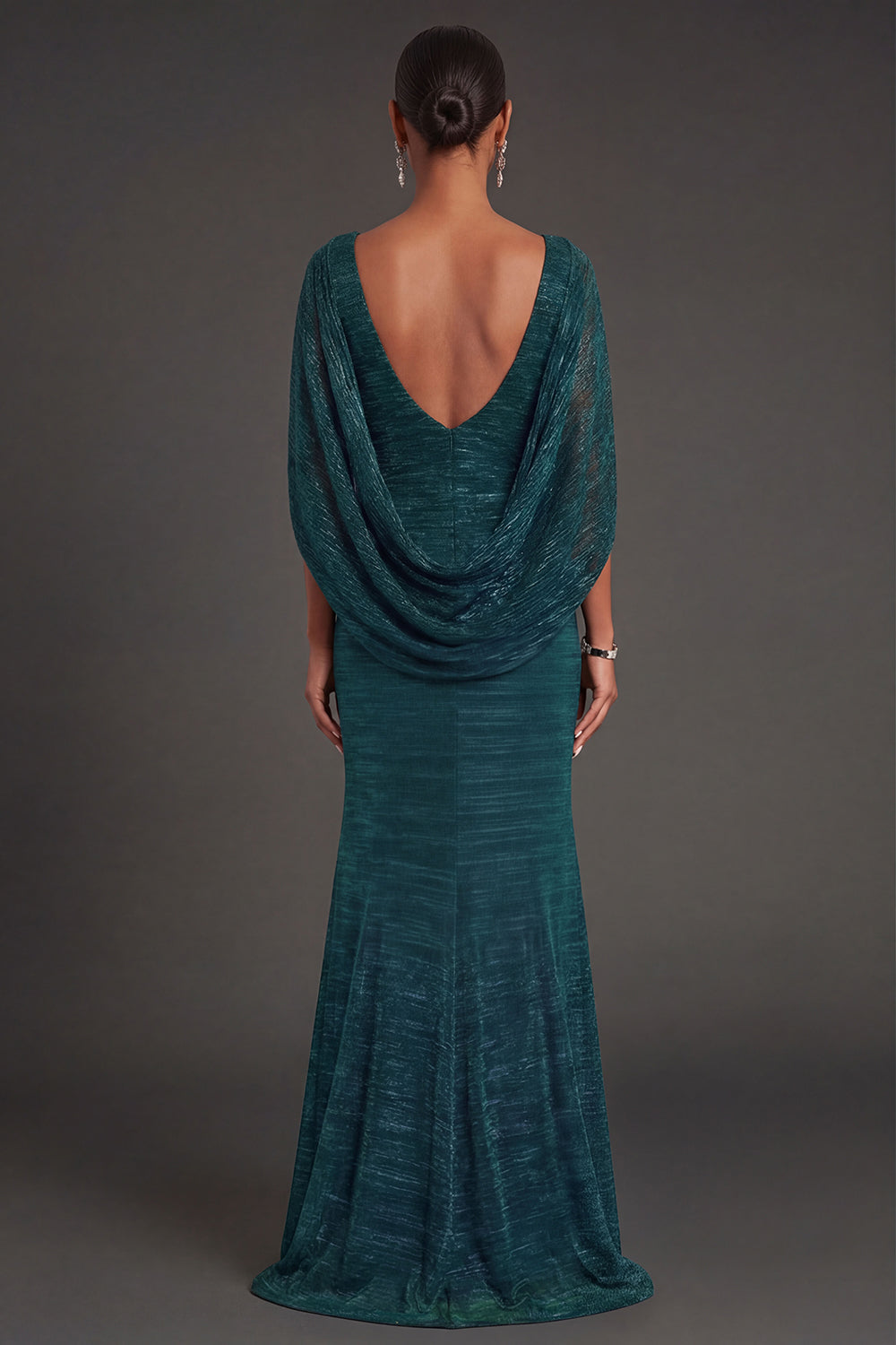 Dark Green Metallic Mermaid V Neck Long Formal Dress with Cape