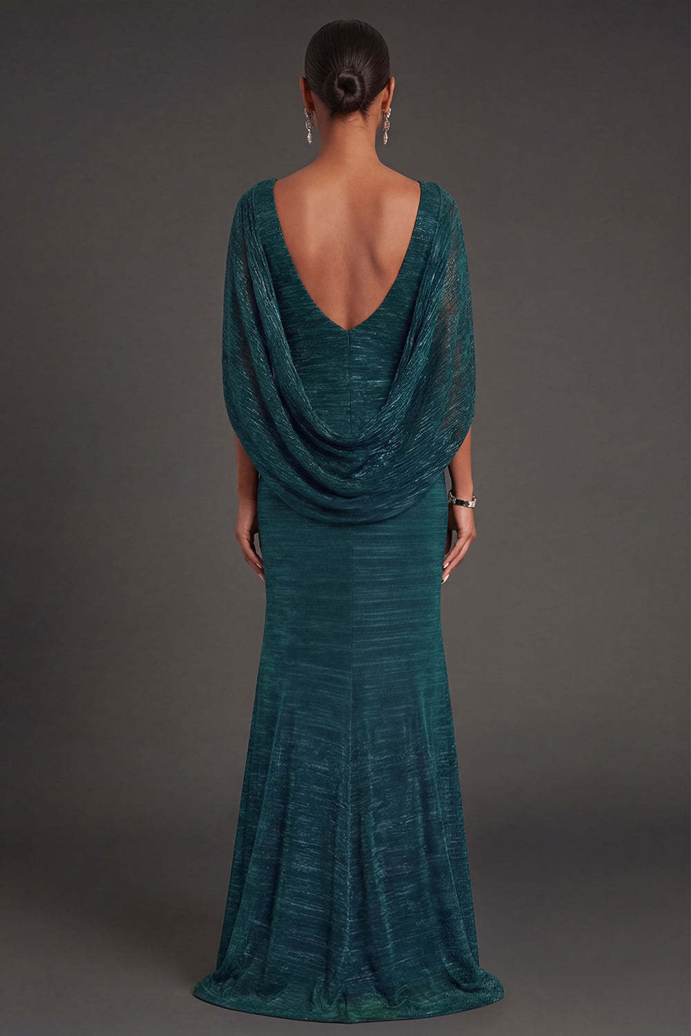 Dark Green Metallic Mermaid V Neck Long Formal Dress with Cape
