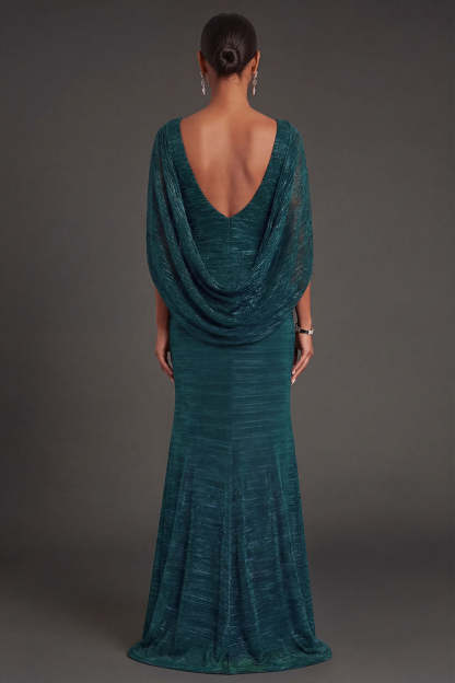 Dark Green Metallic Mermaid V Neck Long Formal Dress with Cape