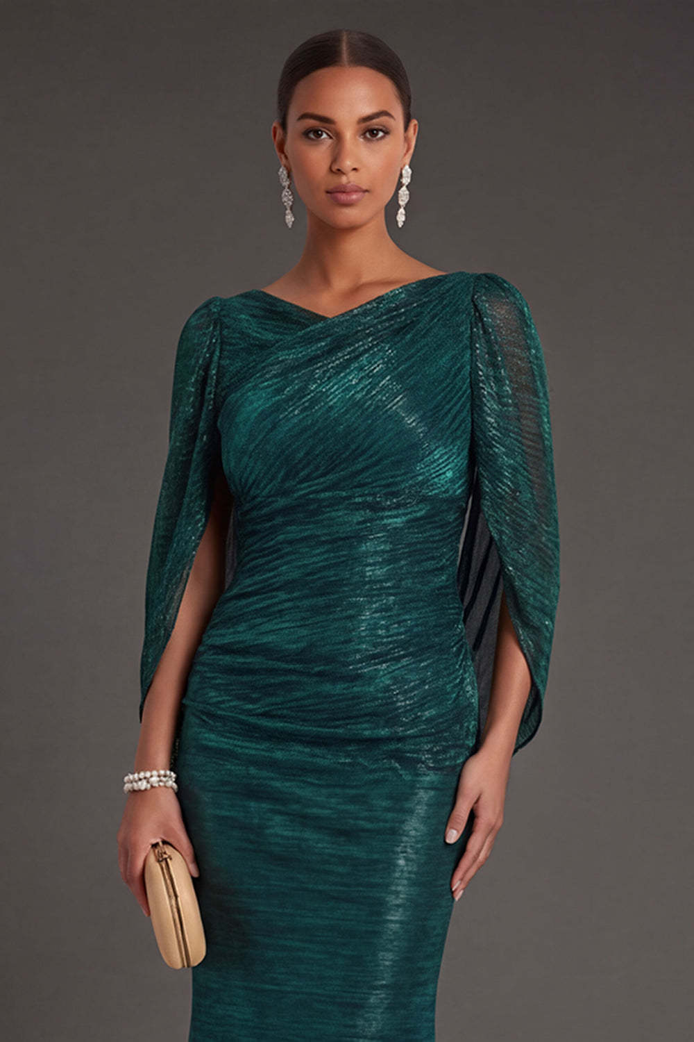 Dark Green Metallic Mermaid V Neck Long Formal Dress with Cape