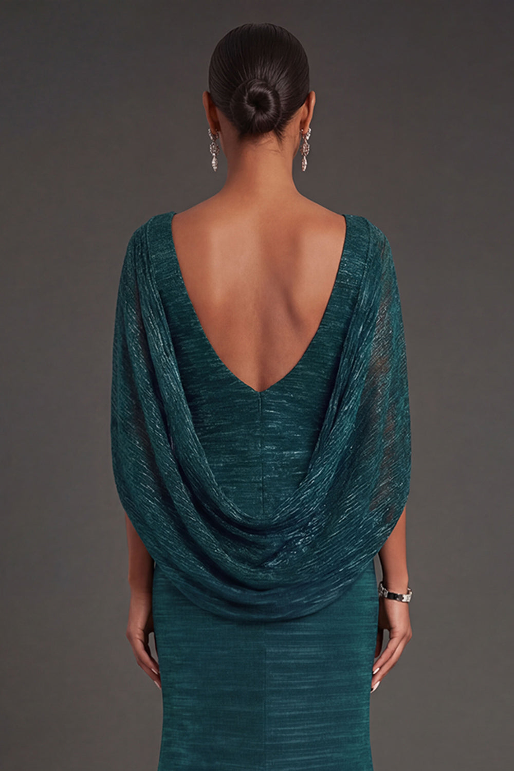 Dark Green Metallic Mermaid V Neck Long Formal Dress with Cape