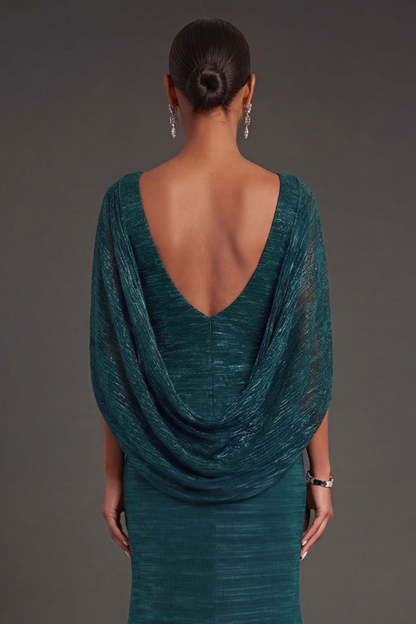 Dark Green Metallic Mermaid V Neck Long Formal Dress with Cape