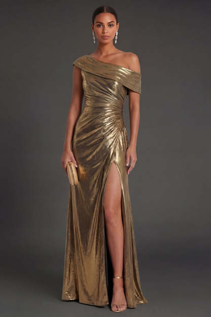 Leely Women Metallic Golden Mermaid Ruched Long Formal Dress with Slit One Shoulder Sleeveless Backless Wedding Guest Dress