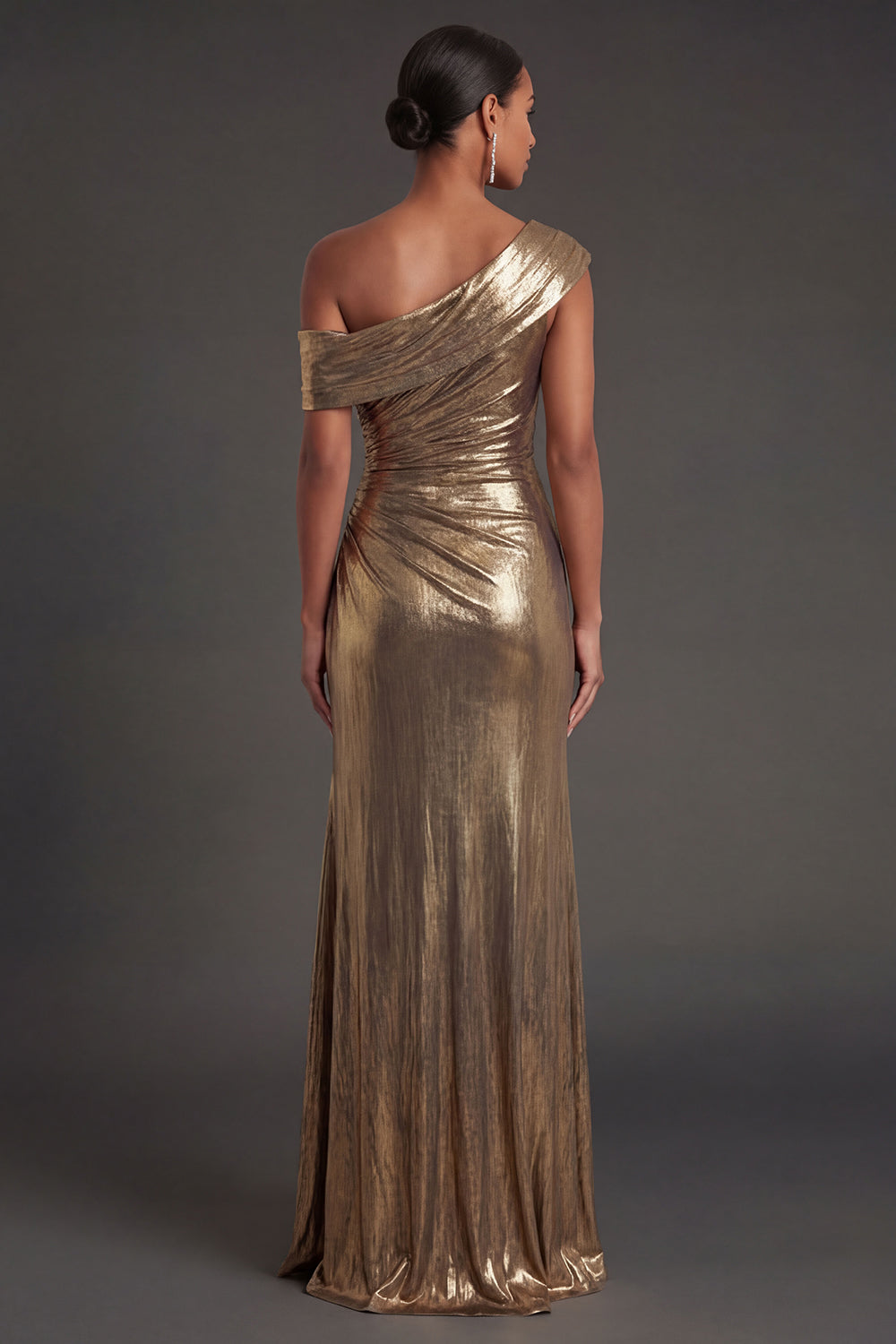 Metallic Golden Mermaid One Shoulder Ruched Long Formal Dress