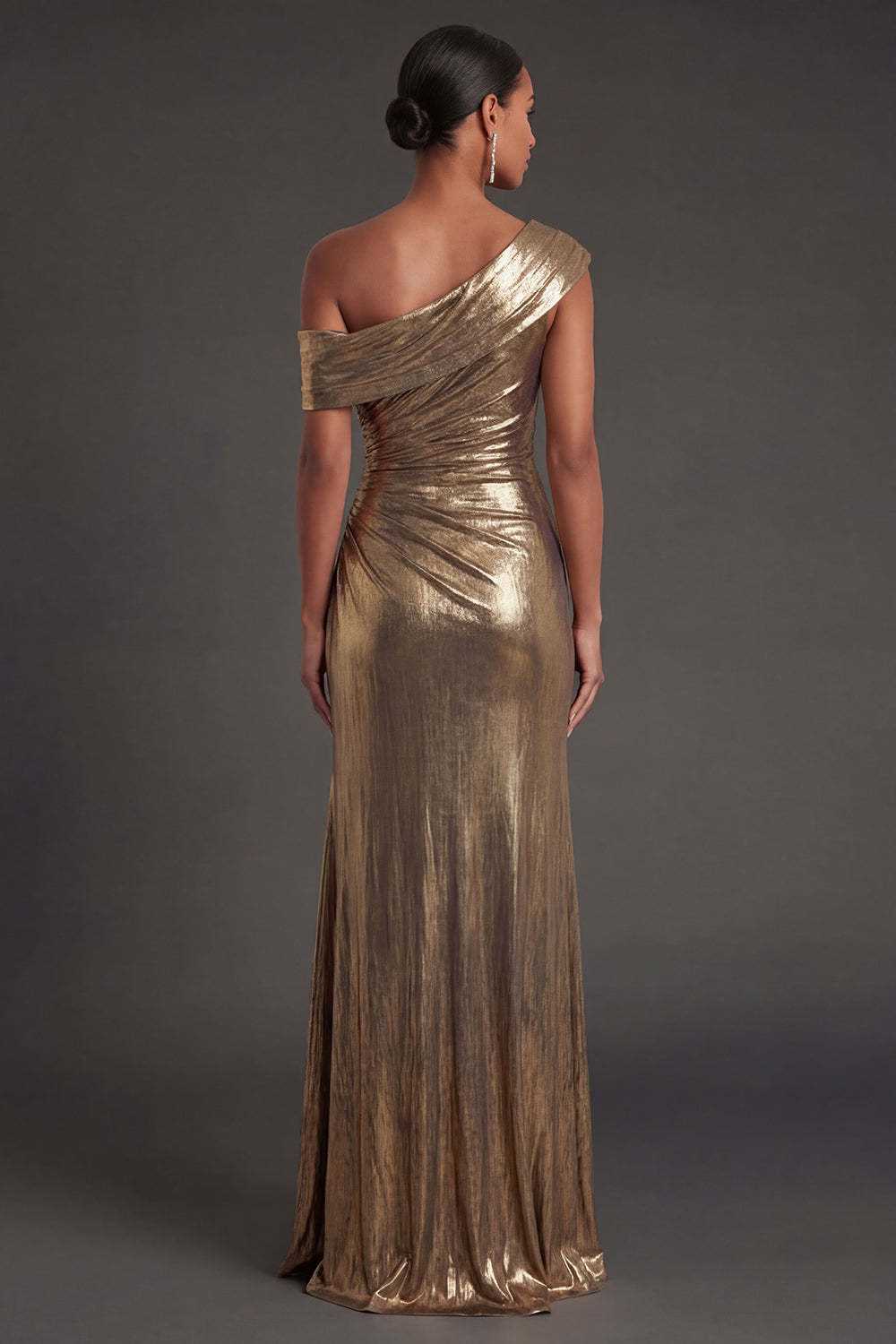 Metallic Golden Mermaid One Shoulder Ruched Long Formal Dress