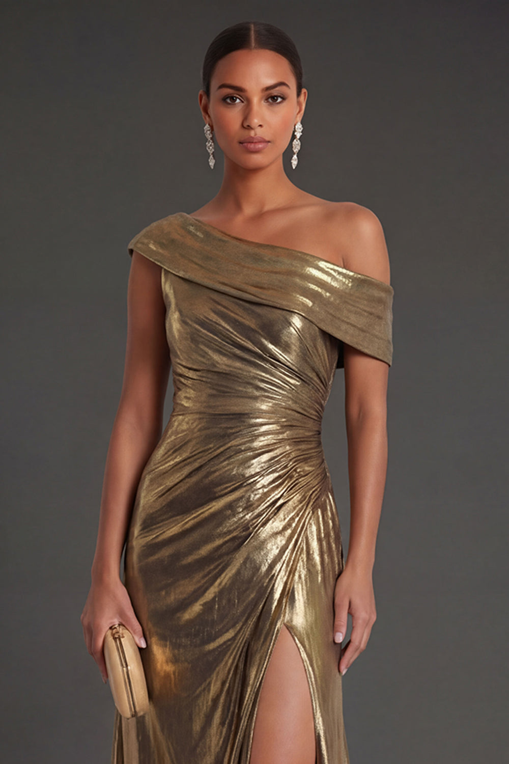 Metallic Golden Mermaid One Shoulder Ruched Long Formal Dress