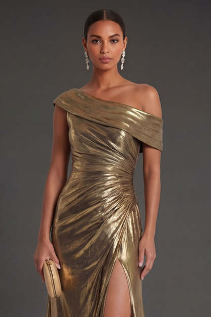 Metallic Golden Mermaid One Shoulder Ruched Long Formal Dress
