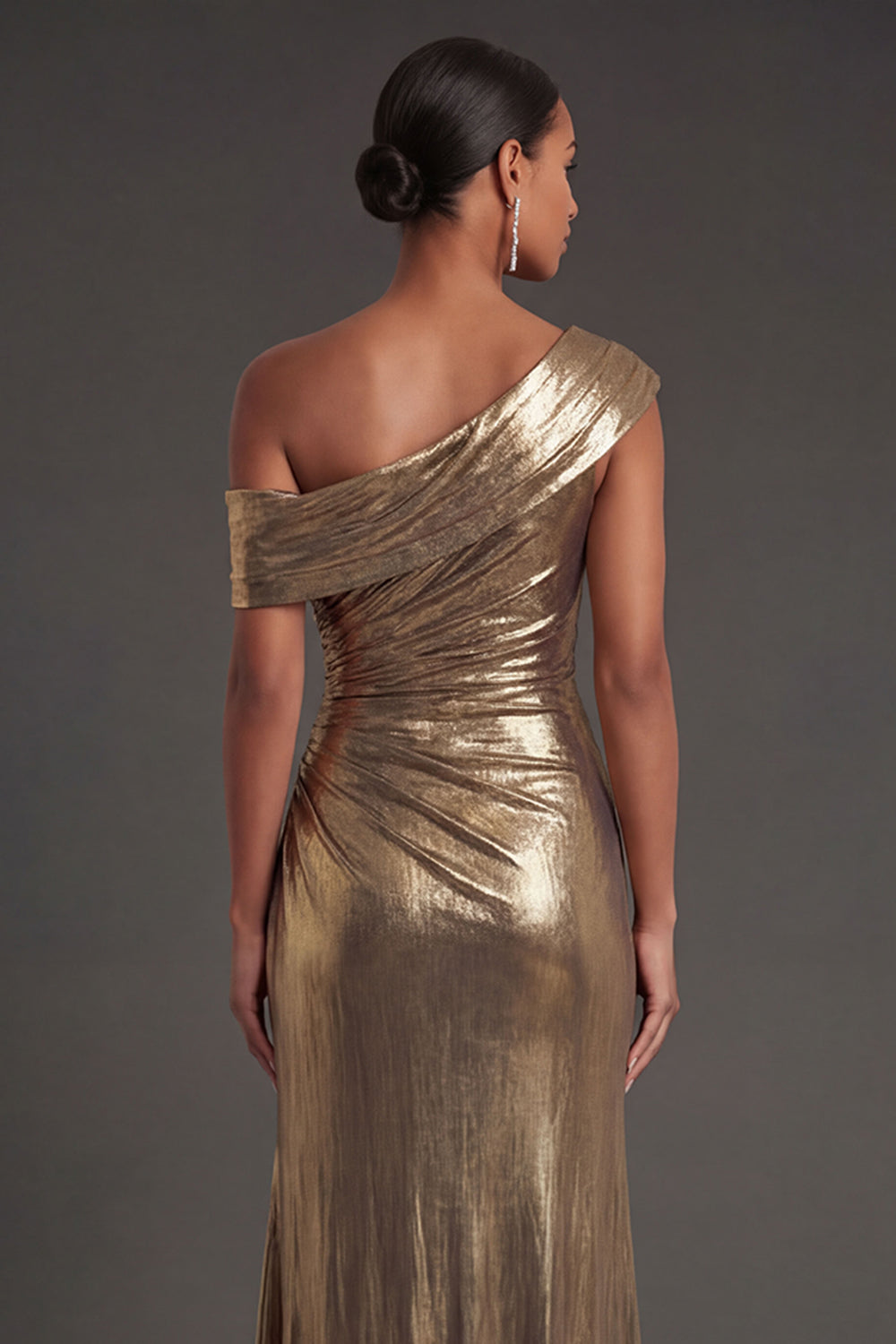 Metallic Golden Mermaid One Shoulder Ruched Long Formal Dress