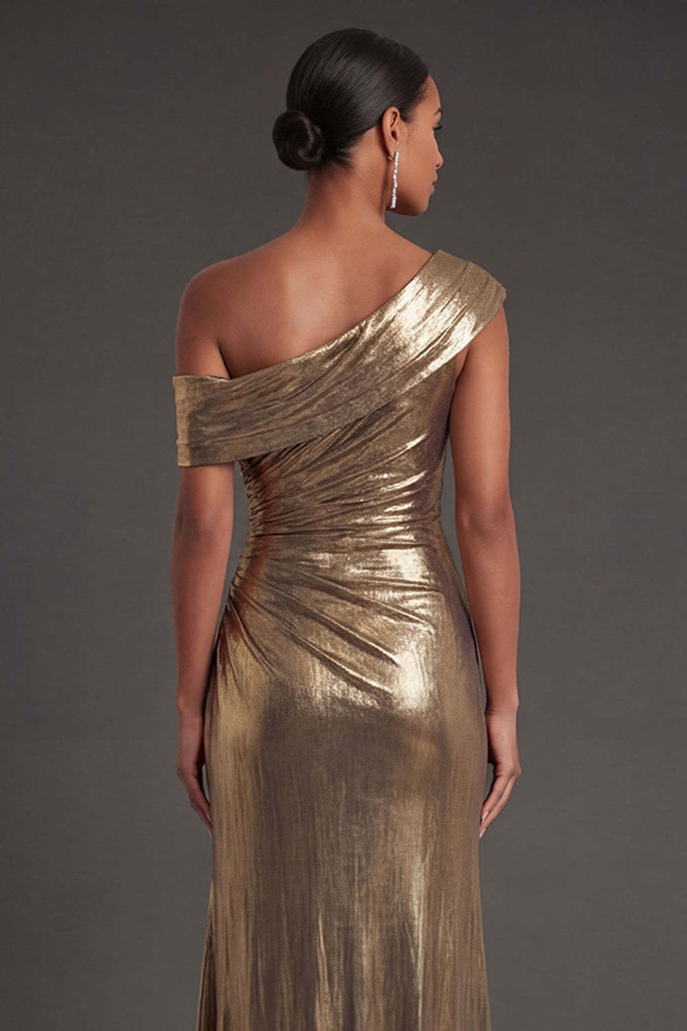 Metallic Golden Mermaid One Shoulder Ruched Long Formal Dress