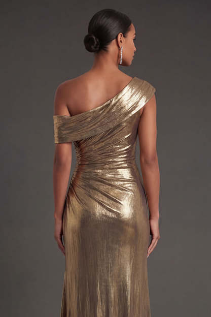 Metallic Golden Mermaid One Shoulder Ruched Long Formal Dress