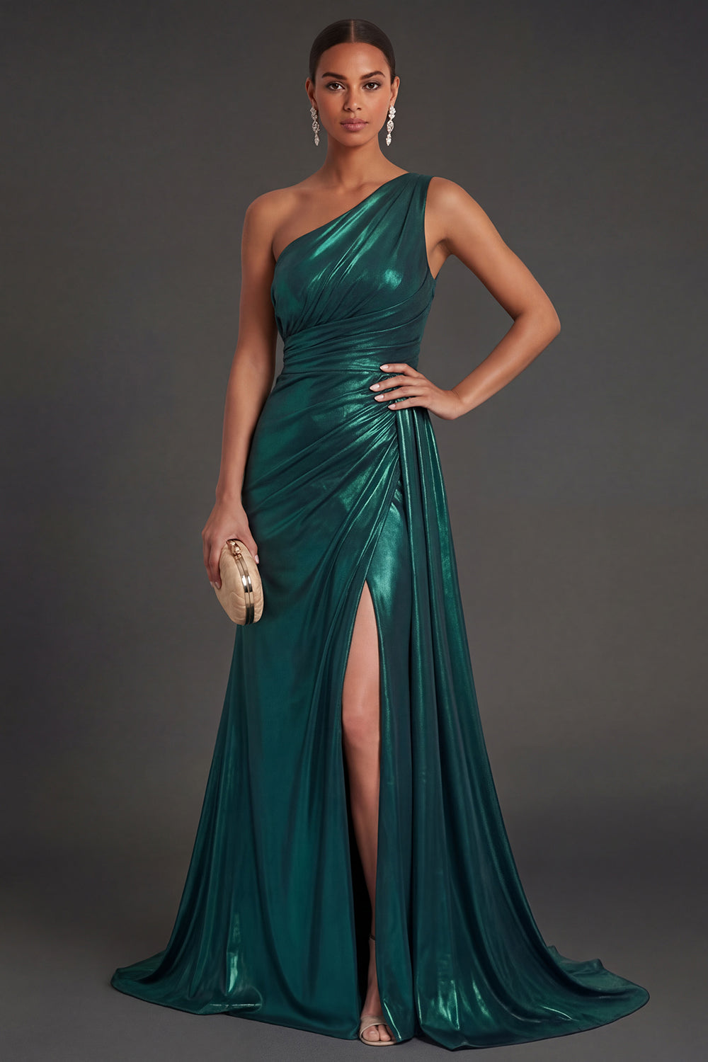 Leely Women Metallic Dark Green Mermaid Long Formal Dress with Slit One Shoulder Ruched Sleeveless Evening Dress