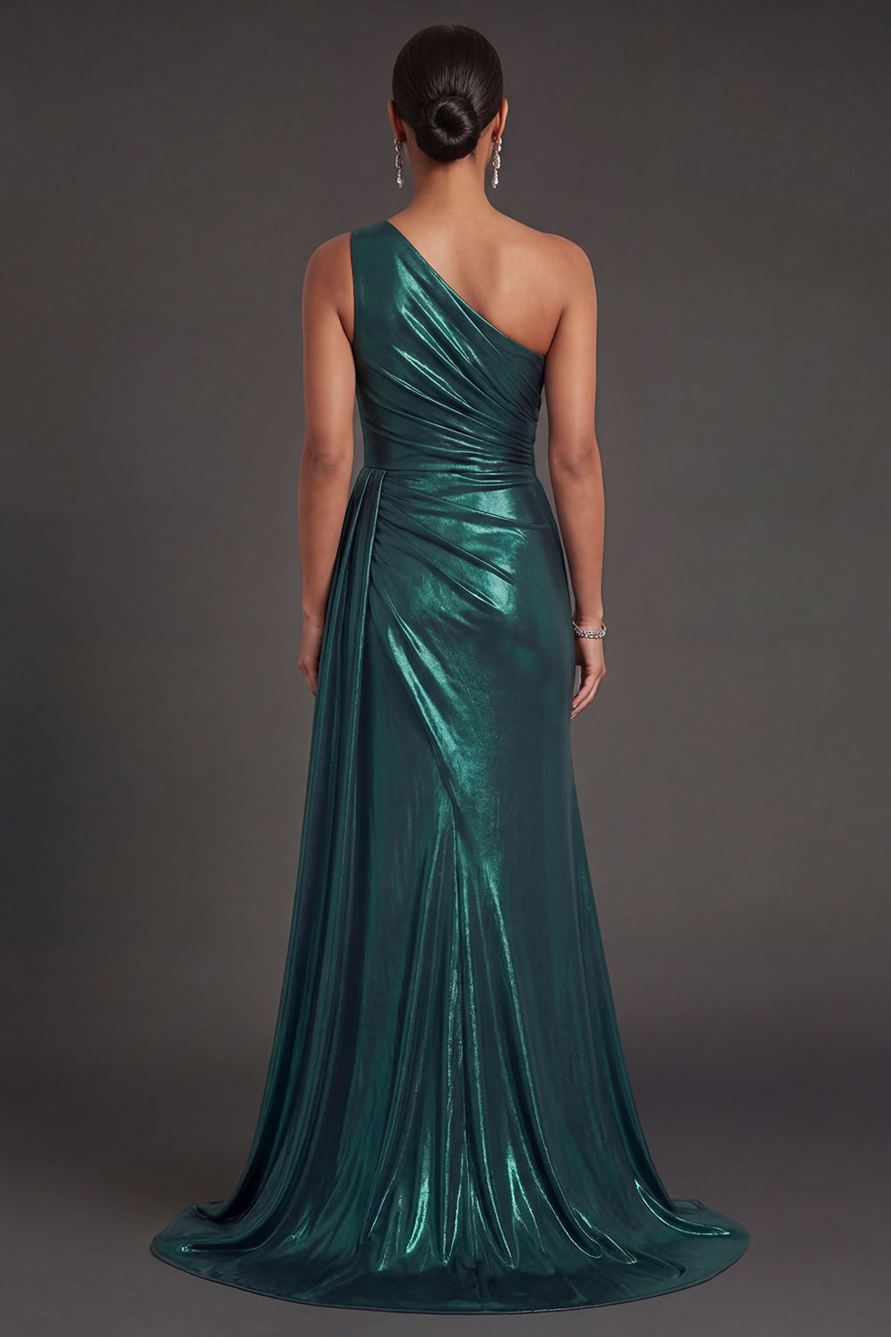 Metallic Dark Green Mermaid One Shoulder Ruched Long Formal Dress with Slit