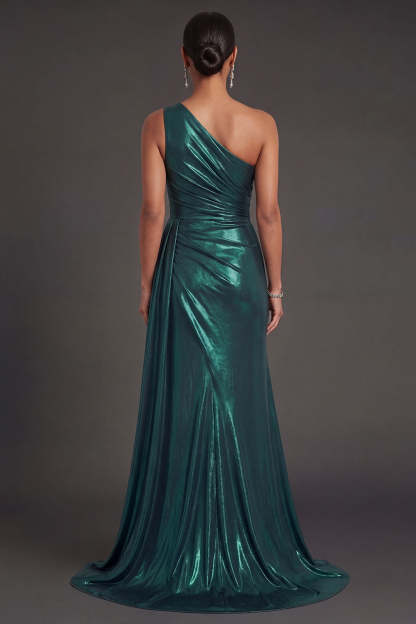 Metallic Dark Green Mermaid One Shoulder Ruched Long Formal Dress with Slit