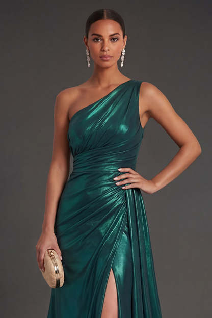 Metallic Dark Green Mermaid One Shoulder Ruched Long Formal Dress with Slit