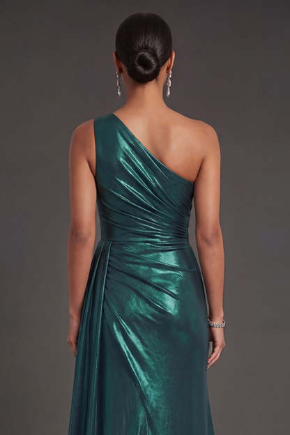 Metallic Dark Green Mermaid One Shoulder Ruched Long Formal Dress with Slit