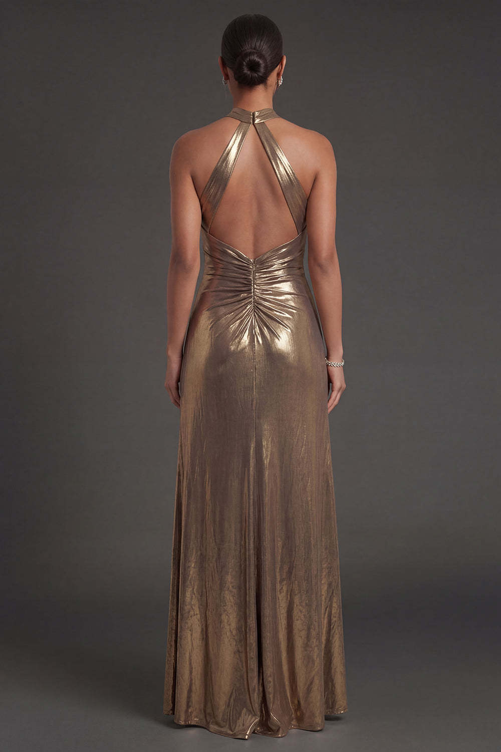 Golden Metallic Sheath Halter Neck Ruched Long Formal Dress with Slit