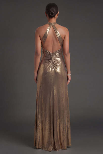 Golden Metallic Sheath Halter Neck Ruched Long Formal Dress with Slit