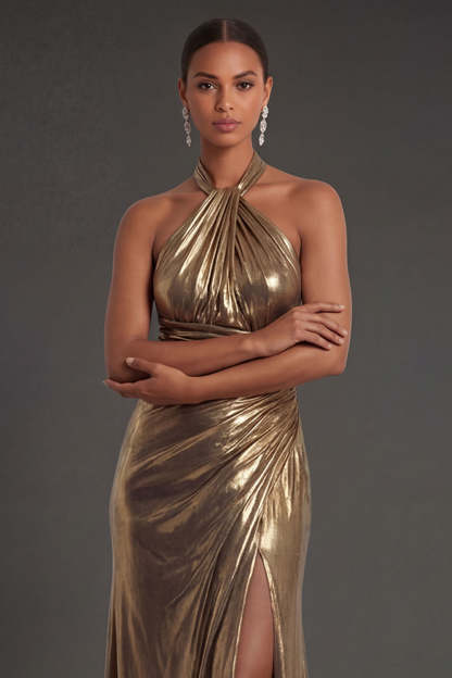Golden Metallic Sheath Halter Neck Ruched Long Formal Dress with Slit