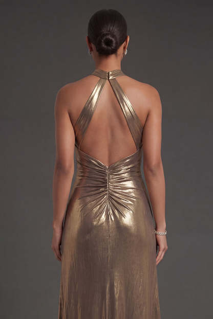 Golden Metallic Sheath Halter Neck Ruched Long Formal Dress with Slit