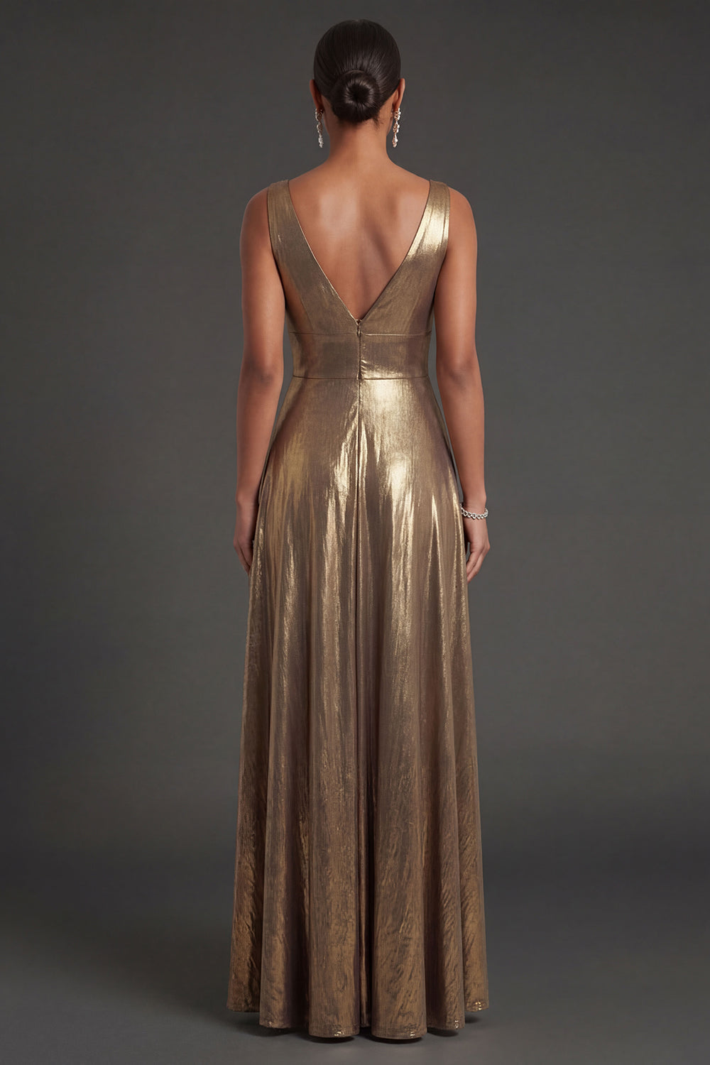 Golden A Line V Neck Backless Metallic Sleeveless Long Formal Dress
