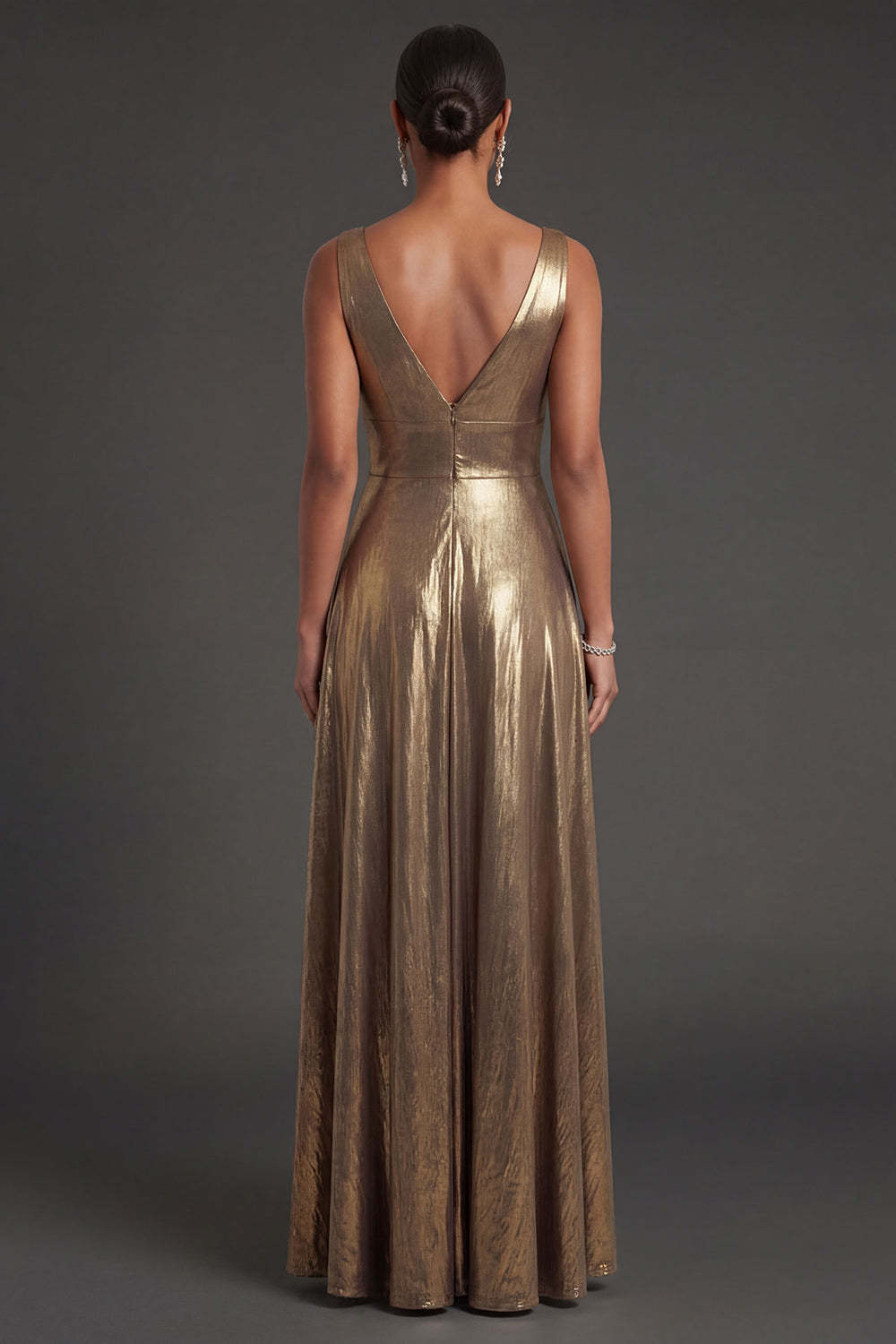 Golden A Line V Neck Backless Metallic Sleeveless Long Formal Dress
