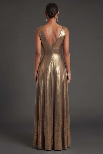Golden A Line V Neck Backless Metallic Sleeveless Long Formal Dress
