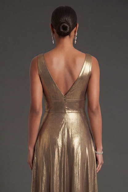 Golden A Line V Neck Backless Metallic Sleeveless Long Formal Dress