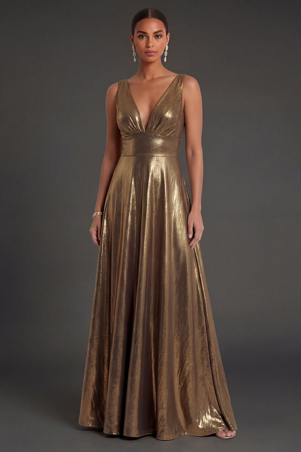 Golden A Line V Neck Backless Metallic Sleeveless Long Formal Dress