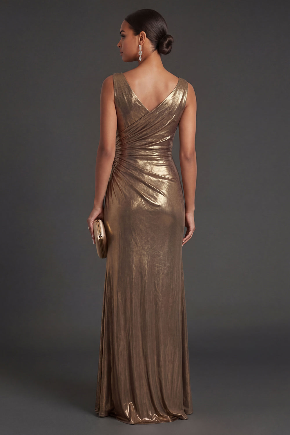 Sheath Golden Metallic Ruched V Neck Long Formal Dress with Slit
