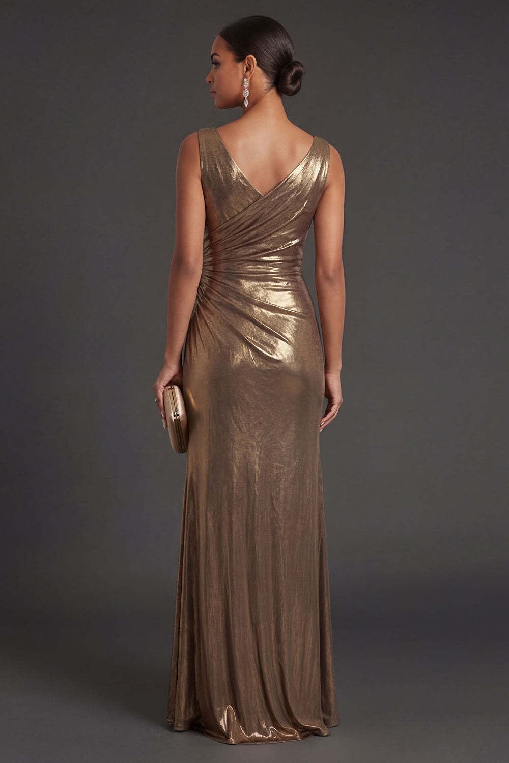Sheath Golden Metallic Ruched V Neck Long Formal Dress with Slit