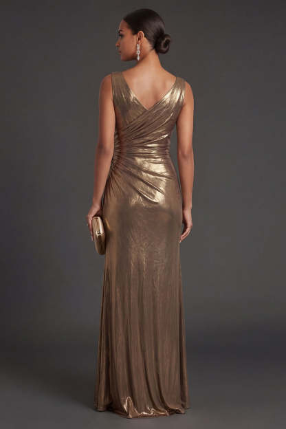 Sheath Golden Metallic Ruched V Neck Long Formal Dress with Slit