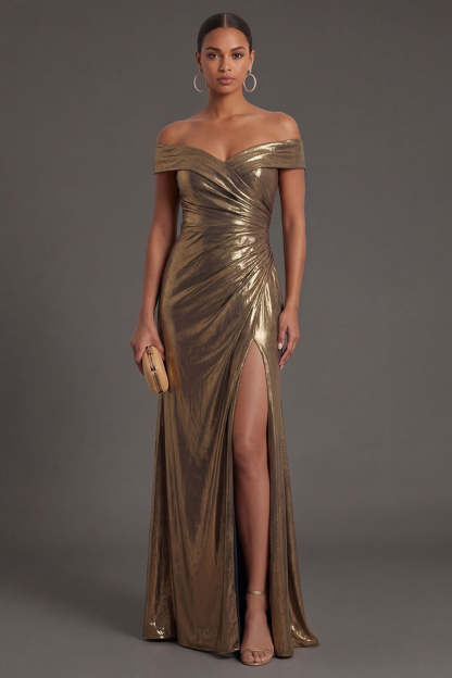 Leely Women Ruched Golden Sheath Metallic Long Formal Dress with Slit Off the Shoulder Backless Sleeveless Wedding Guest Dress