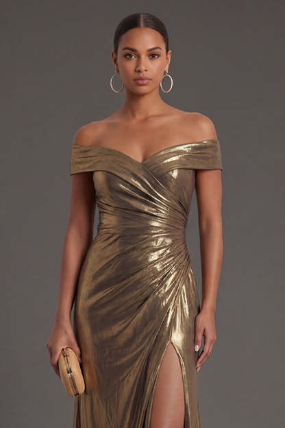 Ruched Golden Sheath Off the Shoulder Backless Metallic Long Formal Dress with Slit