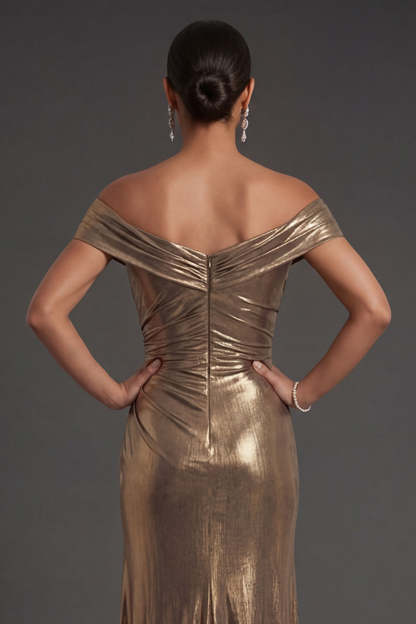 Ruched Golden Sheath Off the Shoulder Backless Metallic Long Formal Dress with Slit