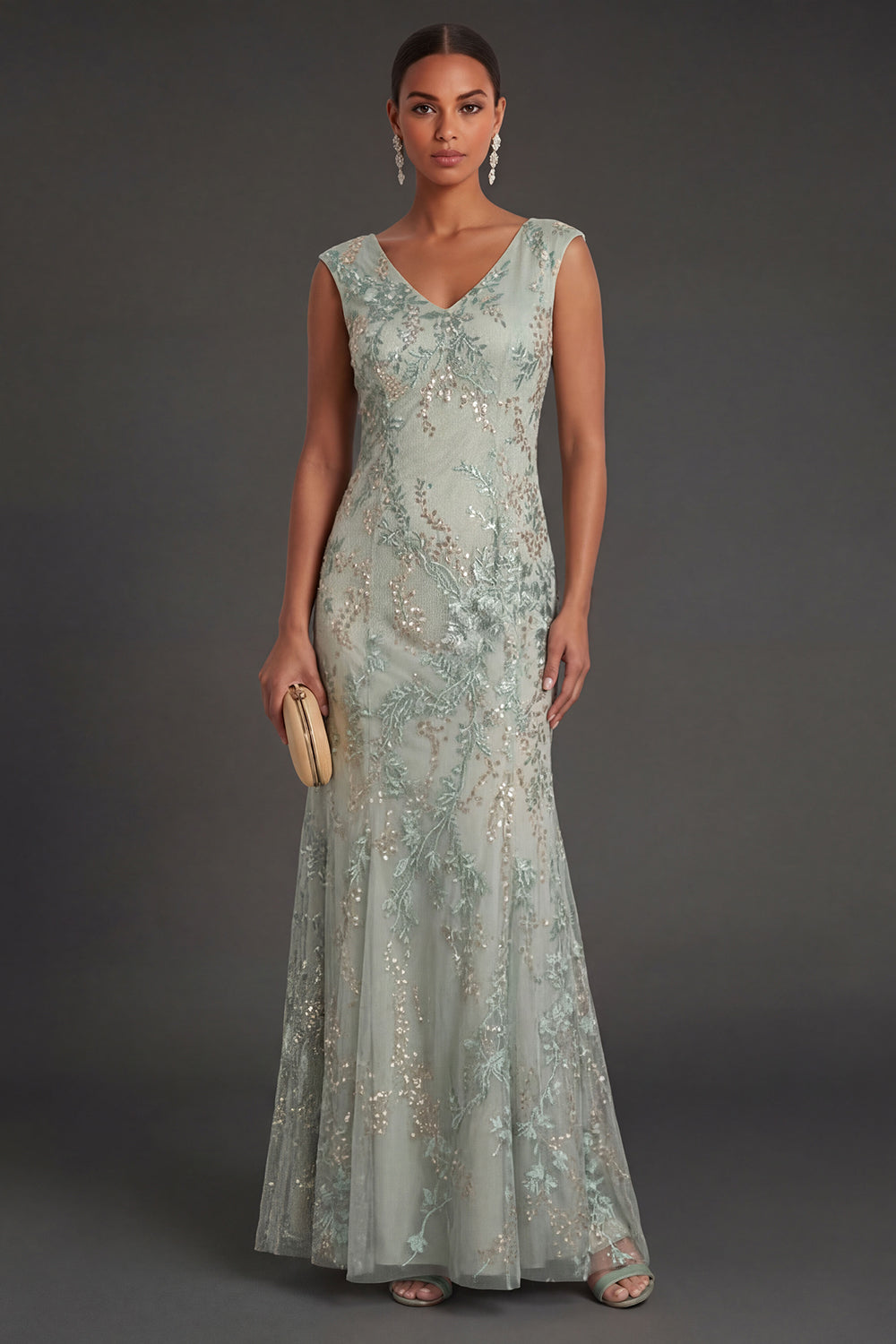 Leely Women Sparkly Beaded Green Sheath Floral Long Formal Dress Appliqued V Neck Sleeveless Wedding Guest Dress