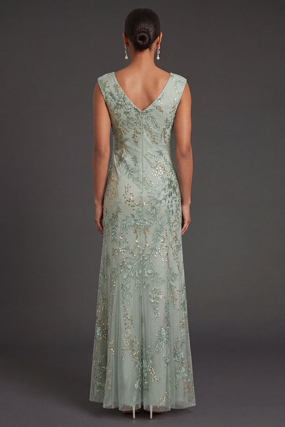 Sparkly Beaded Green Sheath Floral Appliqued V Neck Long Formal Dress