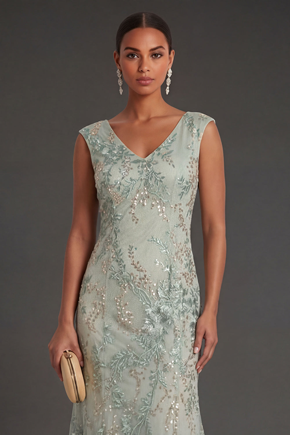 Sparkly Beaded Green Sheath Floral Appliqued V Neck Long Formal Dress