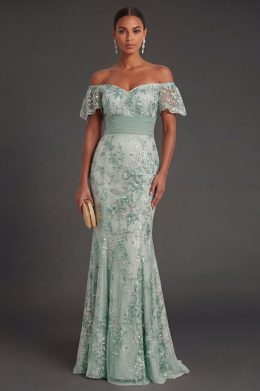 Leely Women Sparkly Beaded Floral Green Mermaid Long Formal Dress Appliqued Backless Sleeveless Evening Dress