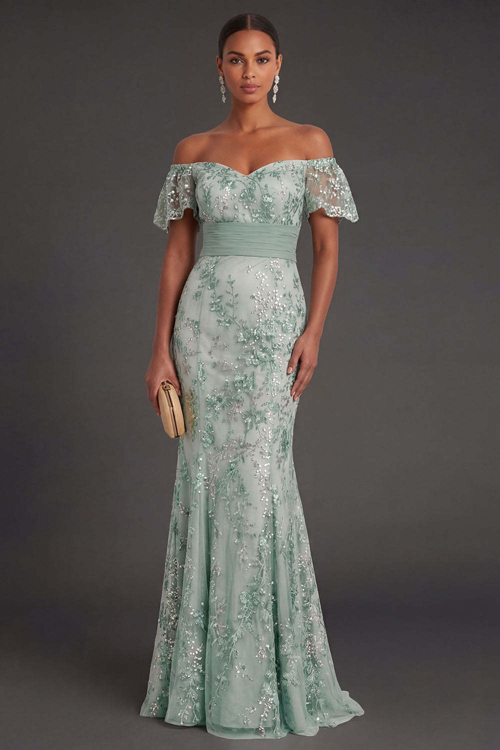 Leely Women Sparkly Beaded Floral Green Mermaid Long Formal Dress Appliqued Backless Sleeveless Evening Dress