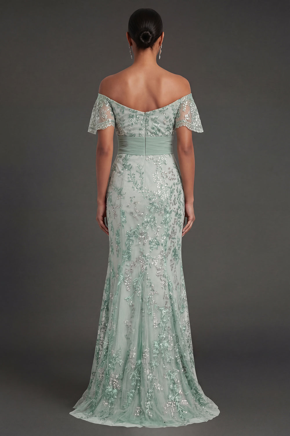 Sparkly Beaded Floral Green Appliqued Mermaid Long Formal Dress