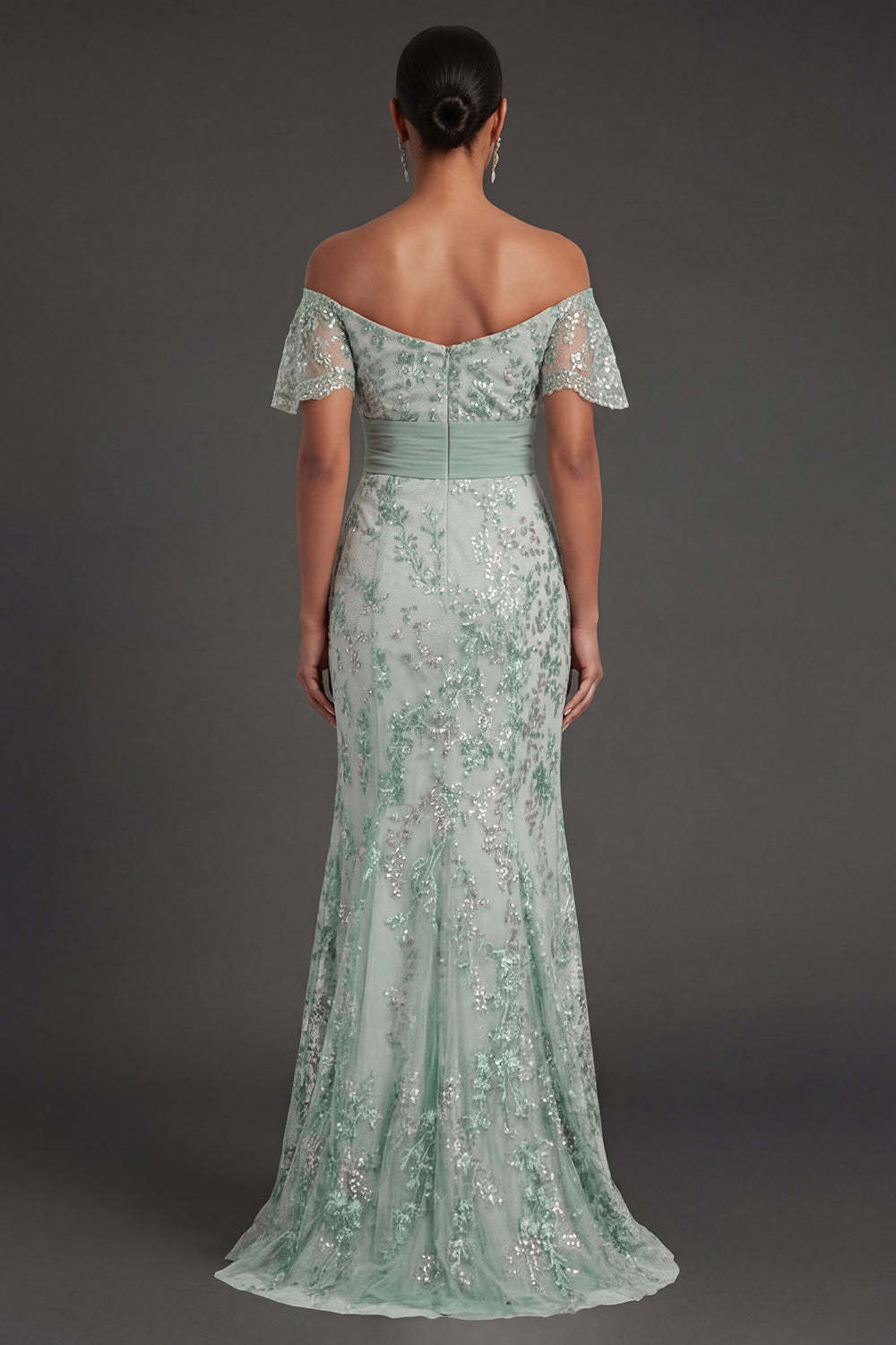 Sparkly Beaded Floral Green Appliqued Mermaid Long Formal Dress